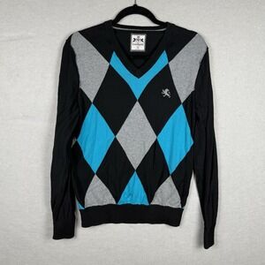 EXPRESS Men S Blue Teal Argyle Academia Preppy VNeck Sweater 85% Cotton 15% Wool